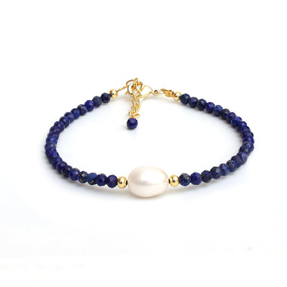 Gempires Blue Lapis Lazuli Beaded Bracelet with Freshwater Pearl Handmade Jewelry September Birthstone Gifts Hypoallergenic 7.5 Inch Gold Plated Everyday Wear Gemstone Bracelets