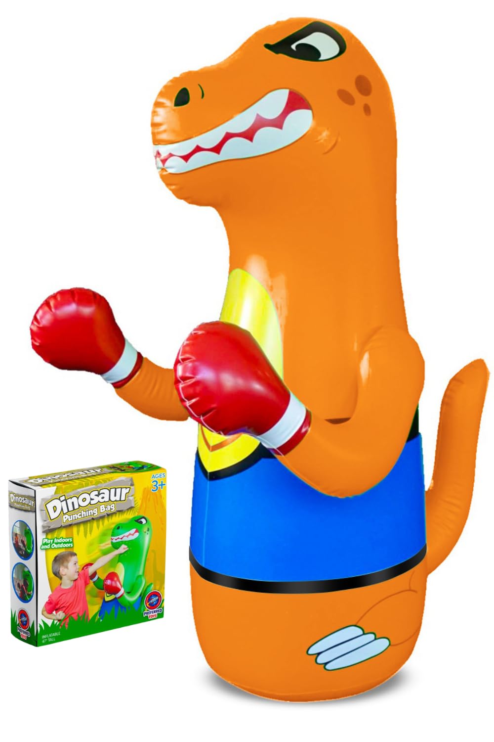 Preferred Toys 47" Inflatable Dinosaur Punching Bag for Kids - Durable Blow Up Kids Punching Bag with Bounce Back Base - Inflatable Indoor Outdoor Active Toddler Bop Play Toy - Orange