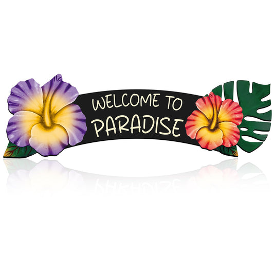 MorningRo Welcome to Paradise Tropical Sign Hawaiian Metal Hibiscus Wall Art 20 x 6.5 Inch Vintage Tropical Plant Plaque for Home Swimming Pool River Beach Farmhouse Garden Outdoor Hanging Decor