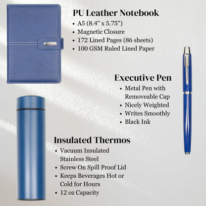 Shadow Breeze A5 Leather Notebook, Insulated Thermos and Executive Pen Gift Set in Premium Gift Box, 172 Pages 100GSM Ruled Pages, 12 oz, Great Gift for Business, School, Home (Blue)