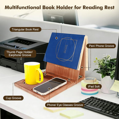 Triangle Book Holder Stand & Reading Valet, Foldable Wooden Book Rest with Cup, Phone, Glasses & Pen Holder, Includes Thumb Page Holder, Ideal Reading Accessory Gift for Book Lovers, Readers