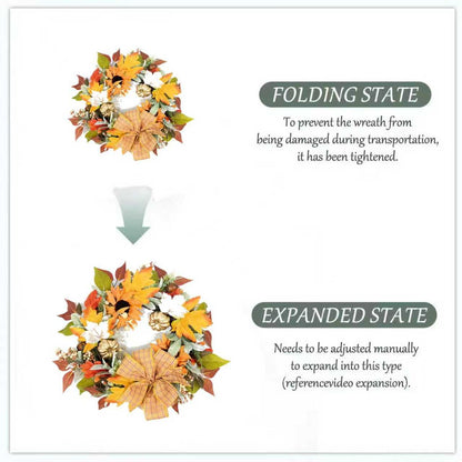 FGDECORJOIE Fall Door Wreath with Sunflowers with BO 35 Warm White Light, Gold Pumpkins, Autumn Leaves, Plaid Bow, 20 inches for Fall Christmas Festival