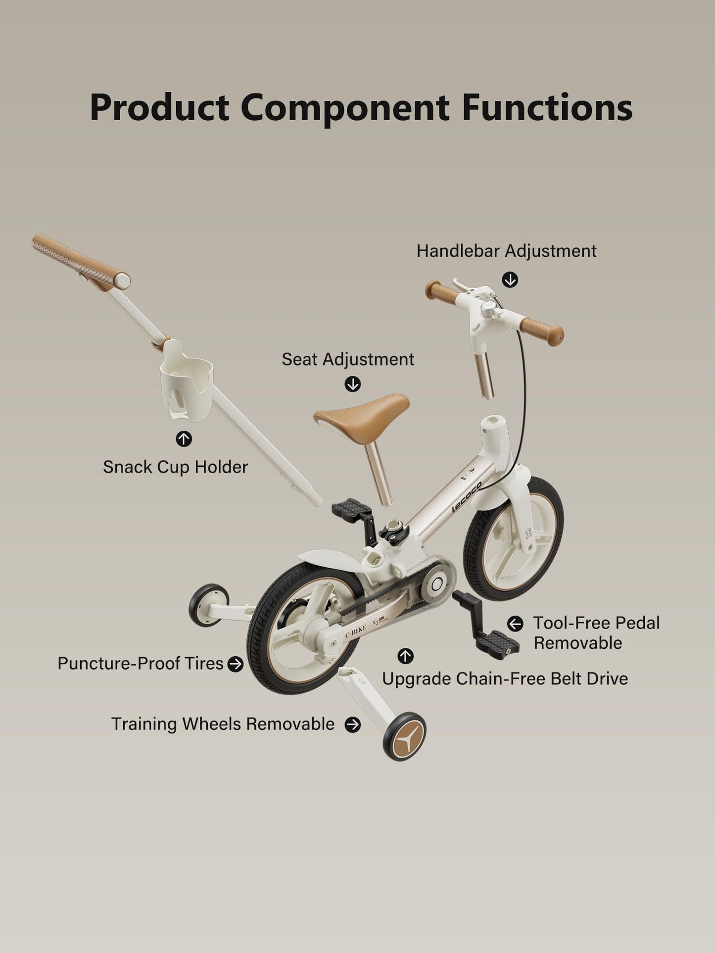 lecoco Upgraded Toddler Bike with Push Handle 6 in 1 for Kids, Balance Bicycle Toys with Training Wheels, Brackes, Cup Holder, Pedal, Kickstand Birthday Gift for Boys and Girls