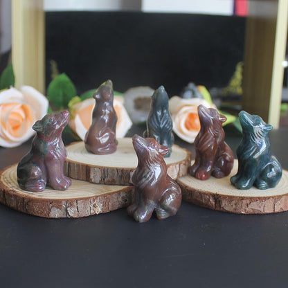 HLbshi Hand Carved Gemstone Crystal Wolf Figurine Animal Statue Carving Office Home Decor Collections 2'' (Multi Ocean Agate)