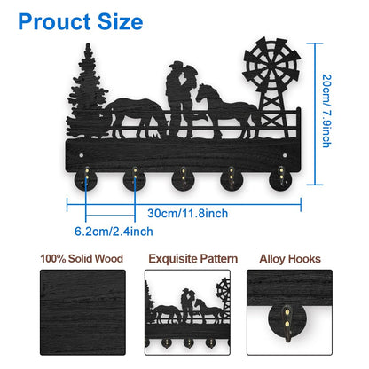 MAYJOYDIY Wood Cowboy Horse Farm Coat Hooks Farmhouse Cowgirl Windmill Key Holder 11.87.9inch Wall Art Decor Gift Black Wall Key Rack Organizer 5 Alloy Hooks for Bedroom Kitchen Entryway
