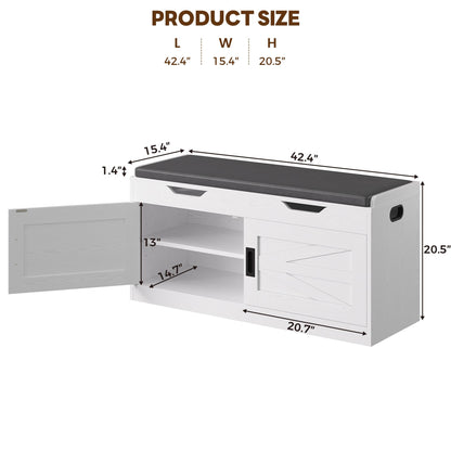 IRONCK Shoe Bench with Lift Top Storage, 42.4" Entryway Bench with Wider Cushioned Seat, End of Bed Bench with Adjustable Shelf & 2 Doors for Hallway, Bedroom, White
