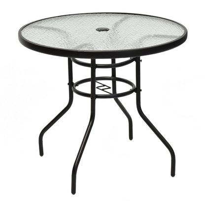 Tangkula 32" Round Outdoor Table with Tempered Glass Top, Patio Dining Table with Umbrella Hole & Metal Frame, Outside Bistro Table for Backyard, Lawn, Deck & Poolside