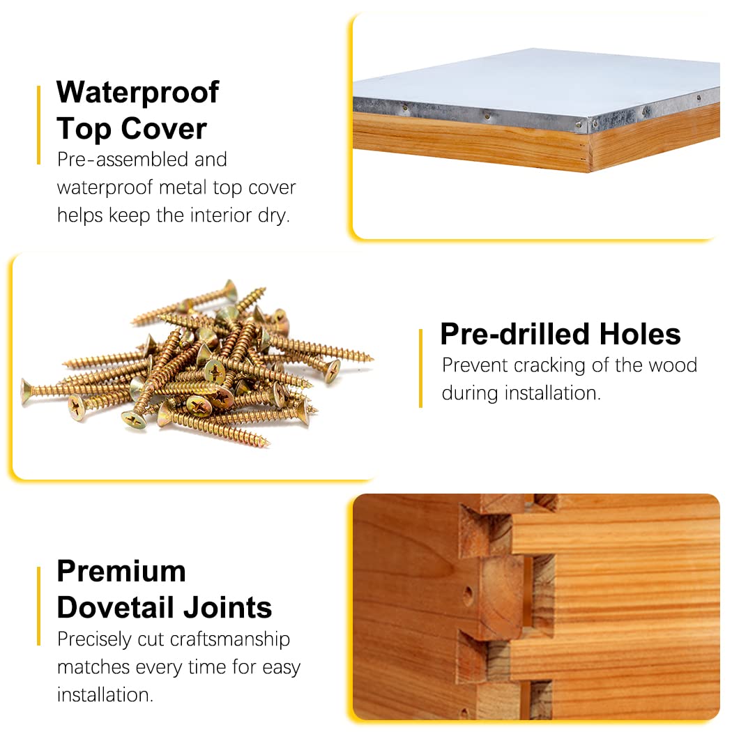 MayBee 8 Frame Screened Bottom Board Beehive Dipped in Original Beeswax, Bee Hives Kit Includes 1 Deep Box & 1 Medium Hive Box with Beehive Frames and Wax Coated Foundations