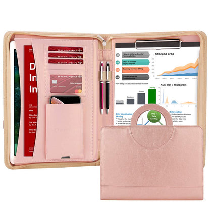 Darolin Zippered Leather Padfolio Portfolio with [Hidden Handle] and [Clipboard], Business Conference Portfolio Organizer Notepad Folder, Padfolio for Women/Men (Rosegold)