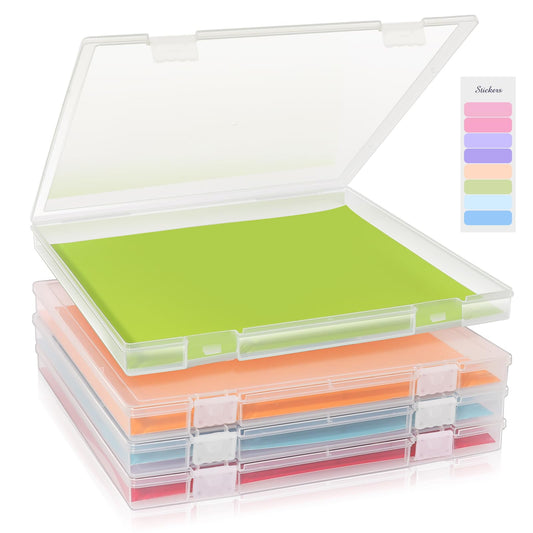 FAAYUCK 12x12 Inch Scrapbook Paper Storage, 4 Pack Plastic Paper Storage Box with Colorful Tab, Stackable Board Game Storage for Paper File, Photo, Craft Supply, Board Game, Office Supply, Vinyl Sheet