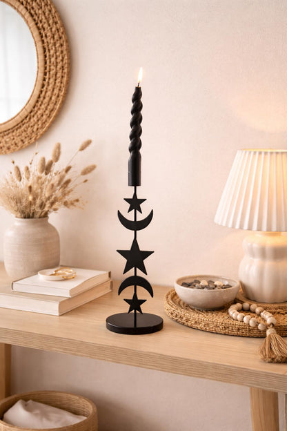Metal Moon Star Candle Holder - 11 Inch Black Taper Candlestick Holder for Table Centerpiece - Modern Celestial Decorative Candle Stand for Mantel, Dining Room or Boho Home Decor (1 Pack)