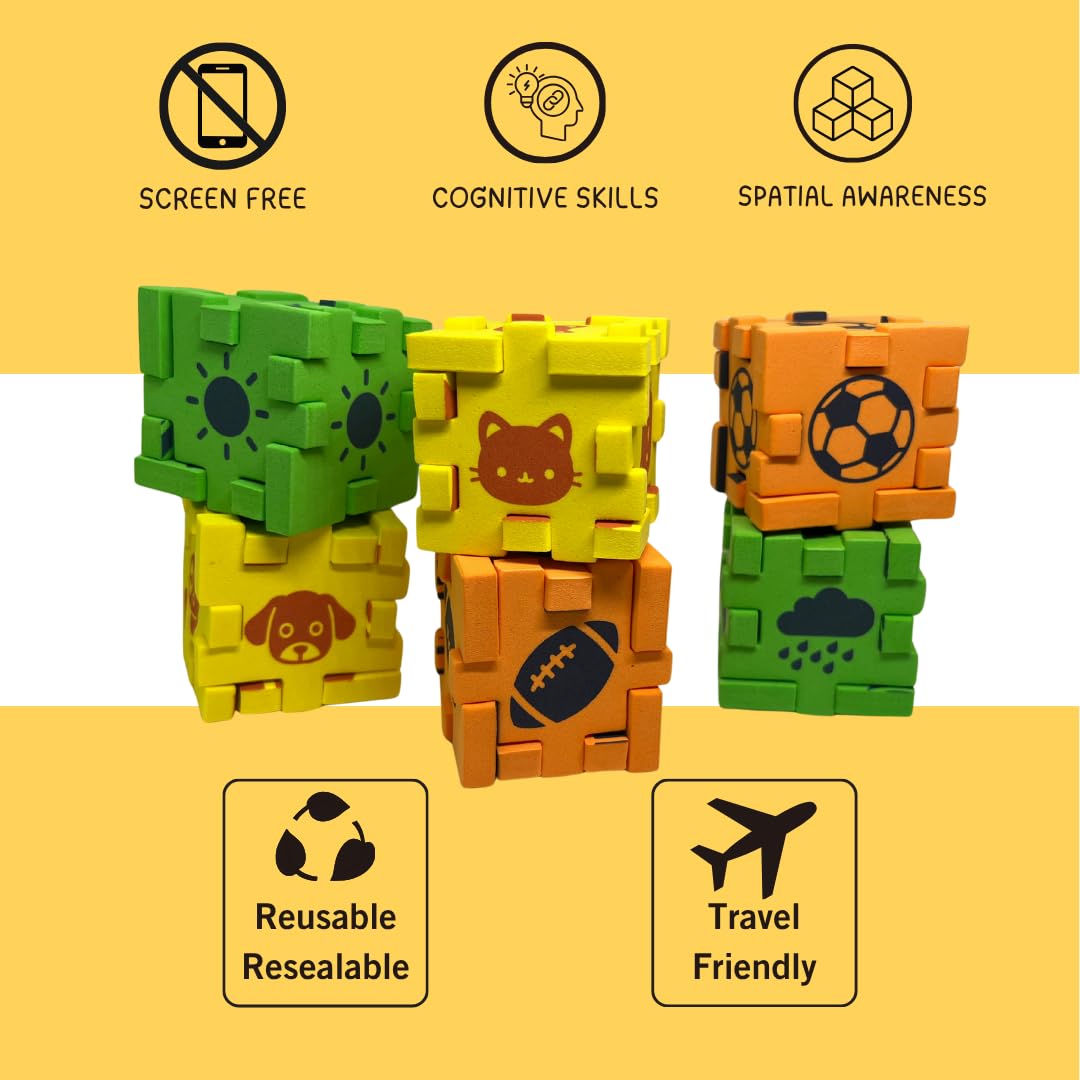 AEH Story 2D & 3D Foam Puzzle for Kids Ages 3+, Dog & Cat Animal Travel Toy for Airplanes & Road Trips, Quiet Screen-Free Busy Bag Activity, Montessori STEM Fine-Motor Learning Toy – Yellow