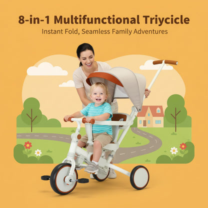 FVOJZQGD Toddler Push Foldable Tricycle with Canopy, 8 in 1 Balance Trike Baby Bike with Handle Toddler Tricycle for 1-3,Kids Folding Tricycles Chrismas and Birthday Gift for Boy and Girl Trike