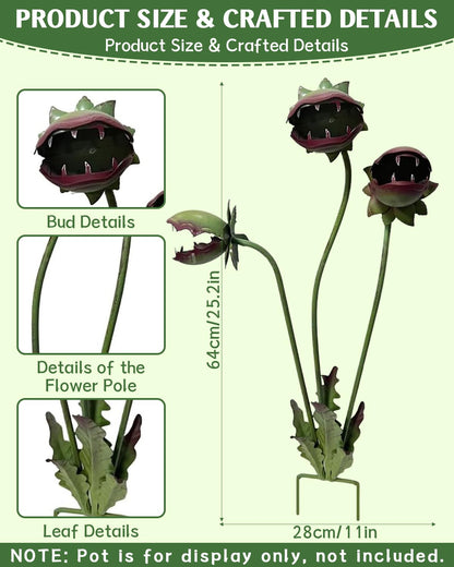 AIZHIYI Whimsical Metal Carnivorous Plant Garden Stake, 25 Inch Venus Flytrap Yard Art Sculpture, Decorative Outdoor Lawn Ornament for Patio Flower Bed Unique Quirky Garden Gift