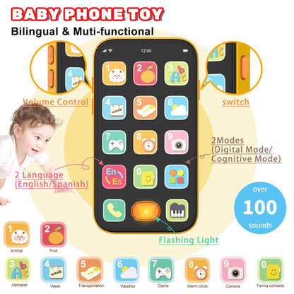 Baby Phone TV Remote Toy Set, Bilingual Play Phones Toy Remote for Baby with Music Light for 6+ Months, Early Learning Baby Toys Gift for 1 Year Old Boys Girls Toddler Infant, English/Spanish, Orange