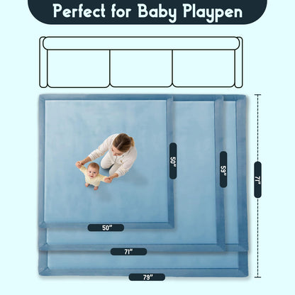 TreeBud Baby Play Mat for Floor, 1.3 Inch Thick Memory Foam Tummy Time Mat with Non Slip Backing, Soft Coral Velvet 71X79 Inch Playpen Mat Crawling Tatami for Infants Toddlers Kids, Midnight Blue