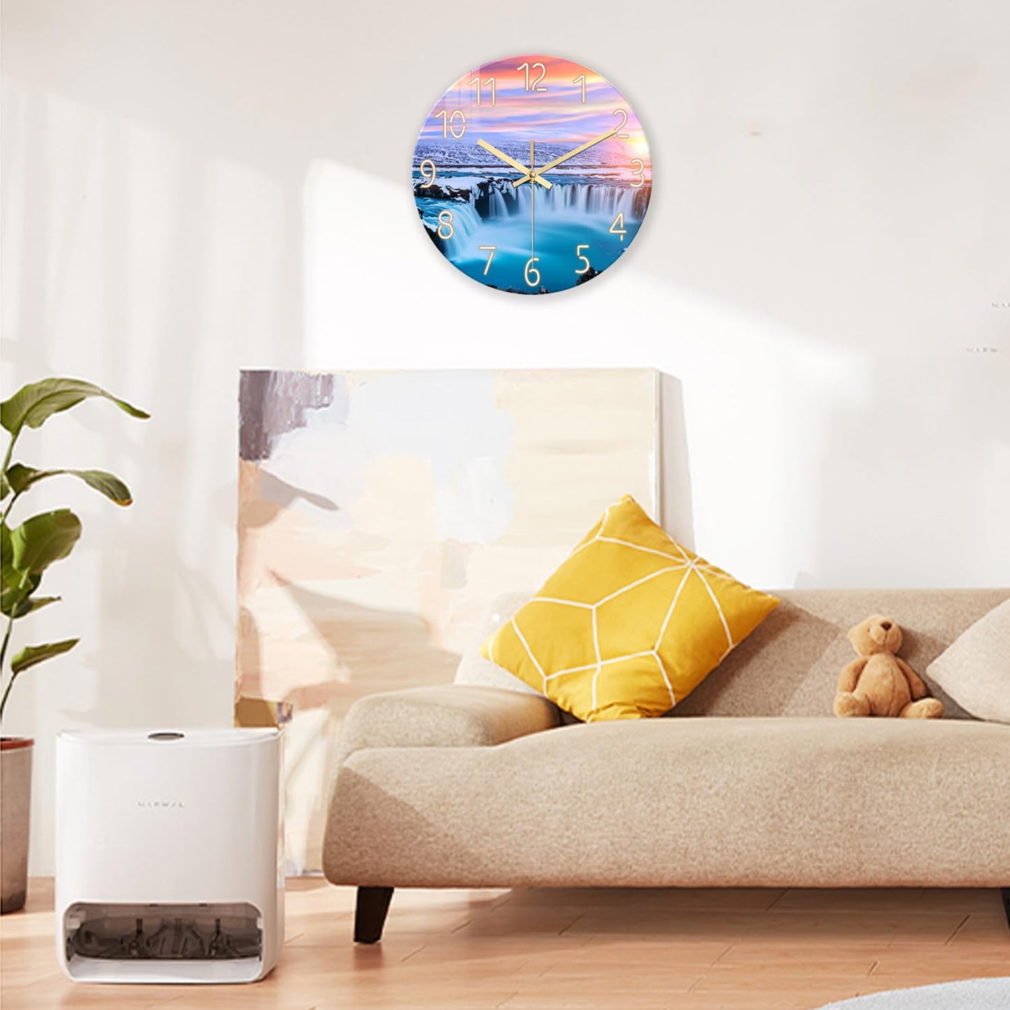 XNM Landscape Blue Beach Wall Clock for Bedroom Living Room 14 Inch Glass Battery Operated Clocks for Wall Analog Wall Clock Silent Non Ticking