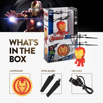 World Tech Toys Marvel Iron Man Big Head Helicopter Toy – Motion Sensored Flying Toy for Kids – Marvel Licensed – Kids Ages 6+
