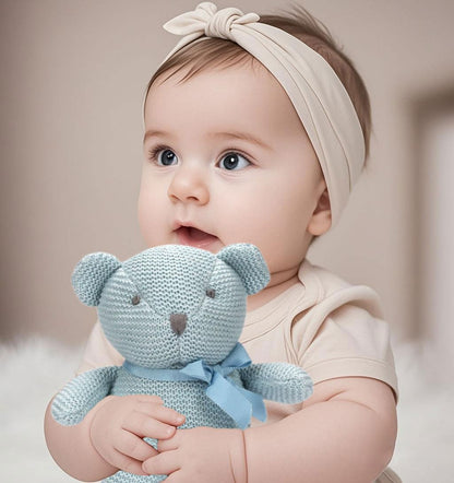 FLUFFYFUN 100% Organic Cotton Blue Teddy Bear Plush, 6.5" Baby Stuffed Animal for Newborn
