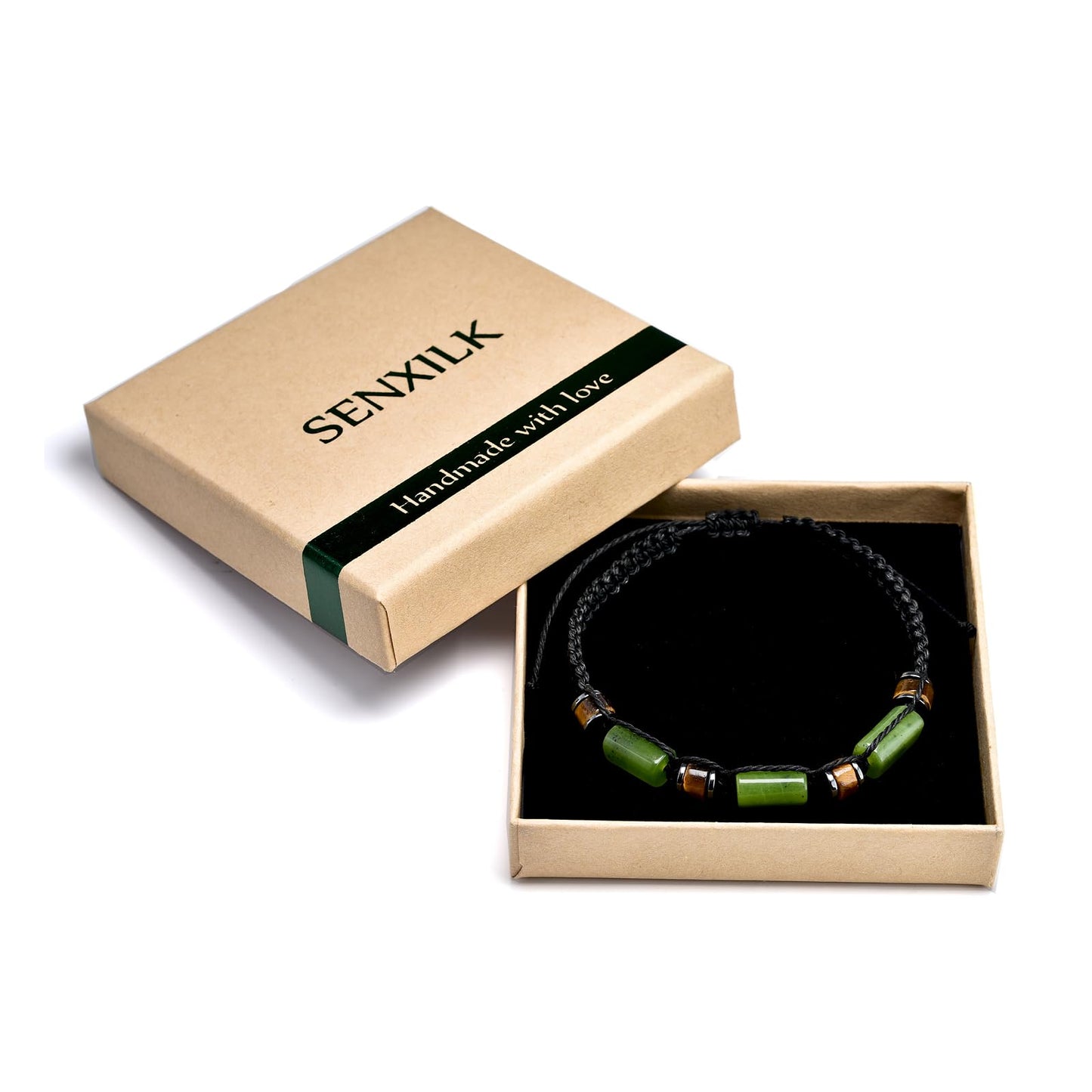 Senxilk Natural Jade & Tiger Eye Stone Bracelet - Black Braided Cord for Men & Teens Boys | Birthday, Father's Day, Christmas Gifts for Him, Son, Grandson