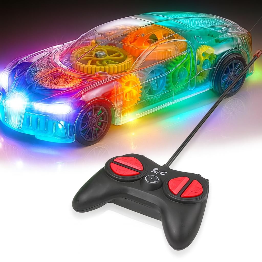 Playbees Light-Up Transparent Car with Remote Control, Toys for Autistic Kids Ages 3-5 Sensory Activity for Kids with Autism Special Needs Toys, Bump and Go Toys for Toddlers Music and LED Effects