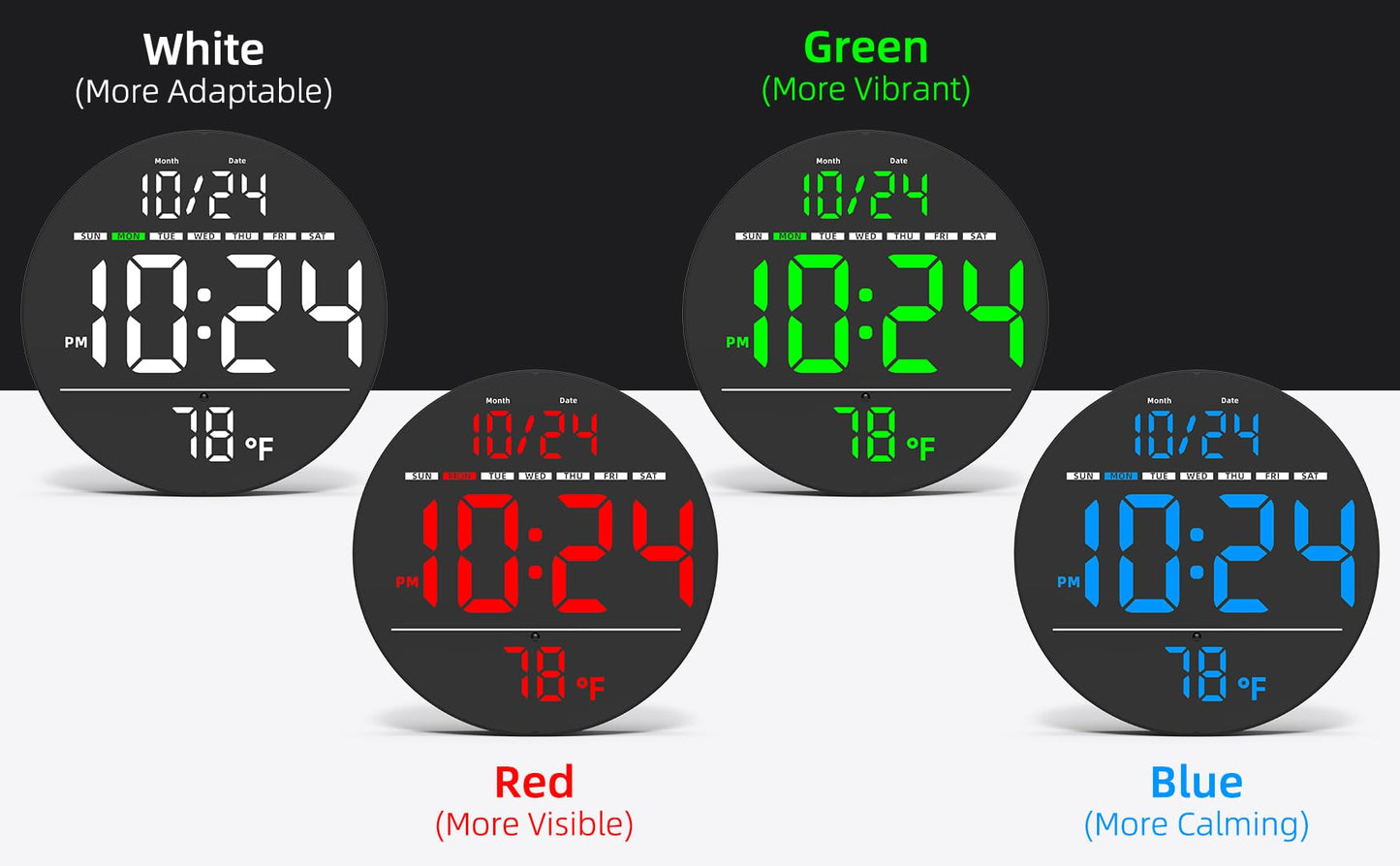 Digital Wall Clock with Large LED Display, Date, Temperature, Auto-Brightness | Small [PLUG-IN] Clock | Modern Electric Wall Clock for Bedroom, Classroom, Living Room, Home, Office, Farmhouse – Green