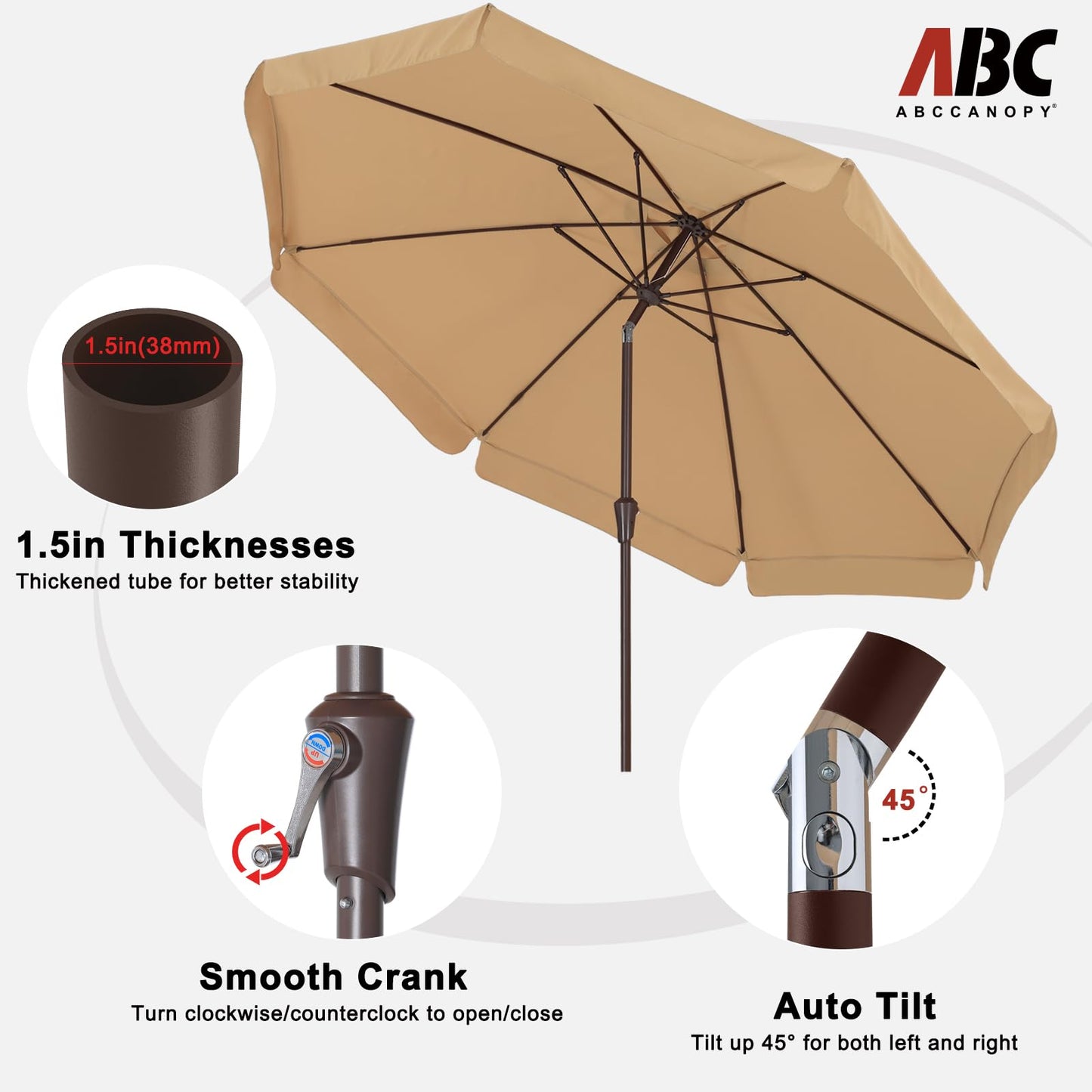 ABCCANOPY 10ft Scalloped Patio Umbrella, Outdoor Table Umbrella with Tilt and Crank, Fiberglass Ribs Deck Umbrella for Patio, Pool, Garden, Picnic (Khaki)