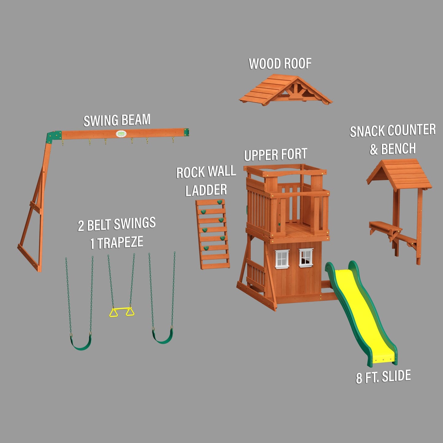 Backyard Discovery Tanglewood Cedar Wood Swing Set with Wave Slide, Clubhouse, Playhouse, Covered Snack Bar Window, Bench, Rock Wall Ladder, Belt Swings, Trapeze, Porch, Step Ladder, Outdoor Playset
