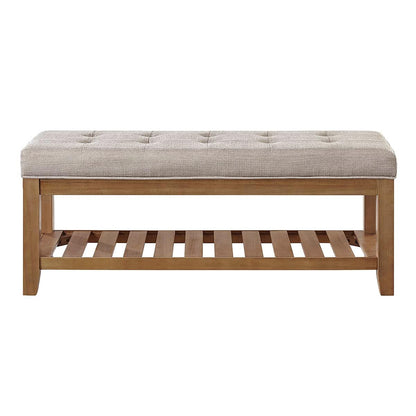24KF Large Rectangular Upholstered Tufted Linen Fabric Ottoman Bench, Padded Bench with Solid Wood Shelf-Linen