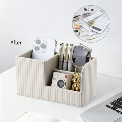 KINGFOM Desk Pen Organizer Office Supplies Caddy Pu Leather Multi-function Storage Box Pen/Pencil,Cell phone, Business Name Cards Remote Control Holder (Ivory White)