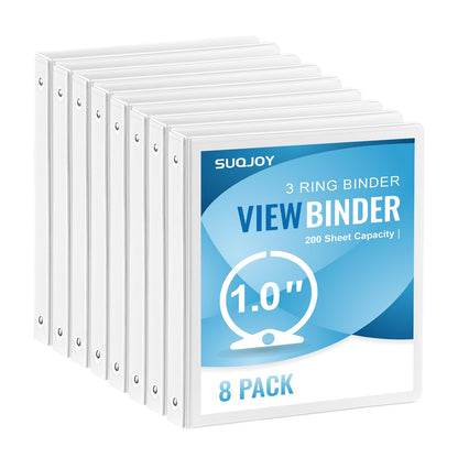 SUQJOY Durable 1-inch 3-Ring Binder, 1 Inch Round Ring Binder with 2 Inside Pockets, 8 Pack White Binder, Clear View Cover Binder Holds 8.5'' x 11''Paper for Office/Home/Back to School