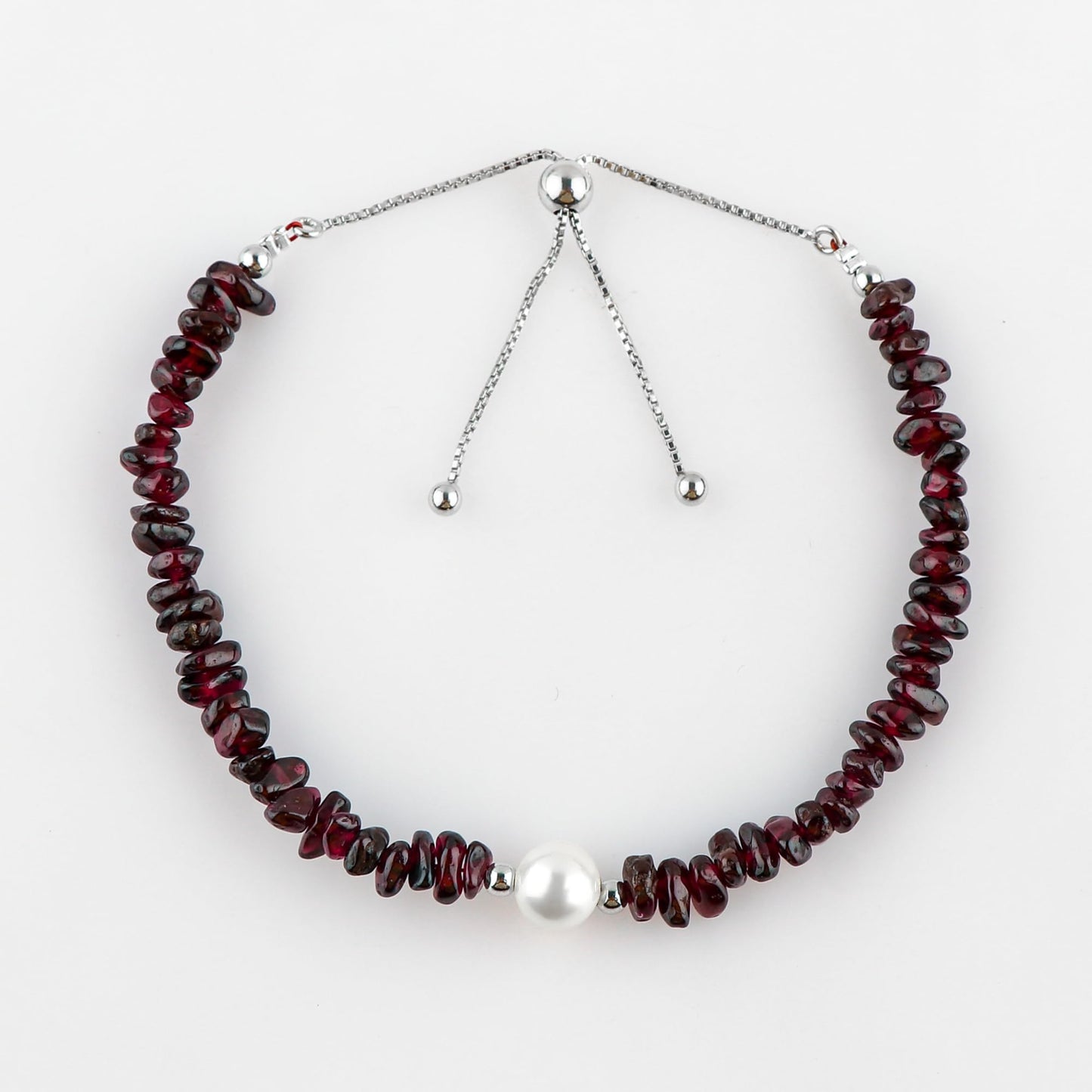 CRYSTALIS Natural Rhodolite-Garnet Beads Slider Bolo Bracelet with Elegant Pearl, Uncut Chips Nuggets Crystals, Chakra Healing Gemstone, Women Jewelry, 925 Sterling Silver Slider 10 inch