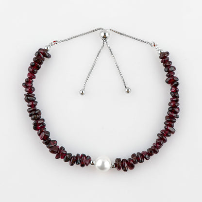 CRYSTALIS Natural Rhodolite-Garnet Beads Slider Bolo Bracelet with Elegant Pearl, Uncut Chips Nuggets Crystals, Chakra Healing Gemstone, Women Jewelry, 925 Sterling Silver Slider 10 inch