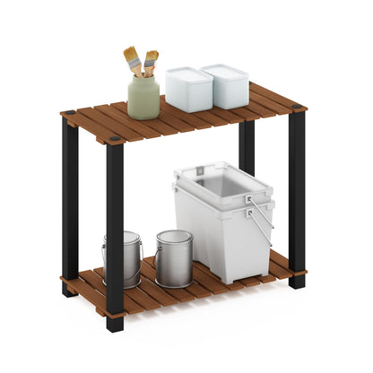 Furinno Pangkor 2-Tier Turn-N-Tube Indoor Outdoor Plant Shelf Large Rectangle Wood Stand with Square Poles, Natural/Black