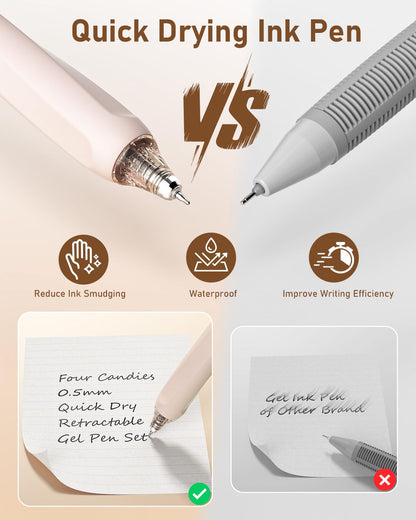 Four Candies Writing Ink Pens with Black & Brown Ink and 2Pack Highlighter, Retractable 0.5mm Smooth Fine Point Pens,Brown Pens for School, Office Girly Stationery Aesthetic Desk Accessories Set of 14