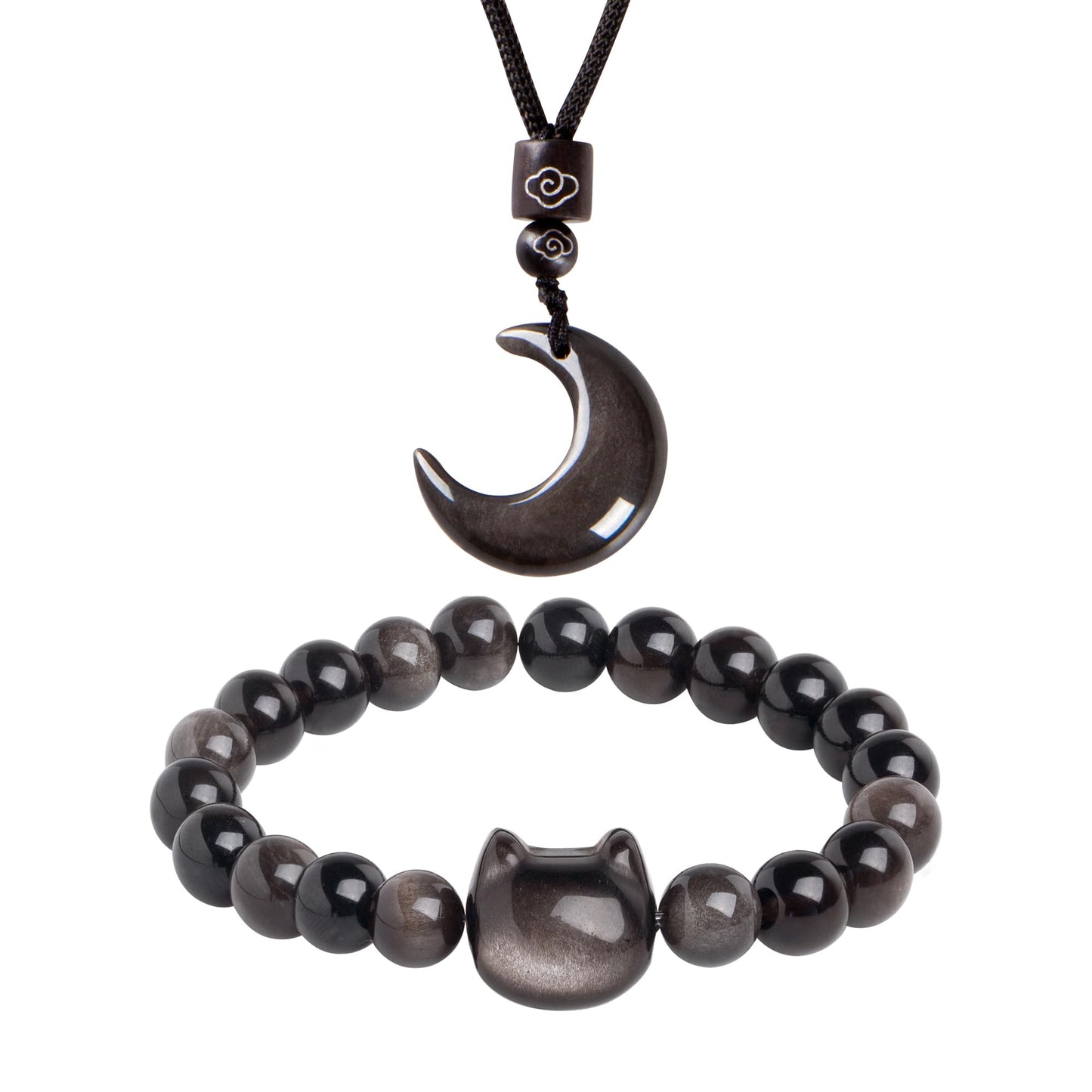 Black Obsidian Cat Bracelet and Moon Pendant Necklace Jewelry Set-Cat Lover Gifts,Wealth Attraction,Good Luck,Bead Bracelet,Mindfulness,Beaded Bracelets, Obsidian Pendant Necklace-Cute Gifts for Women