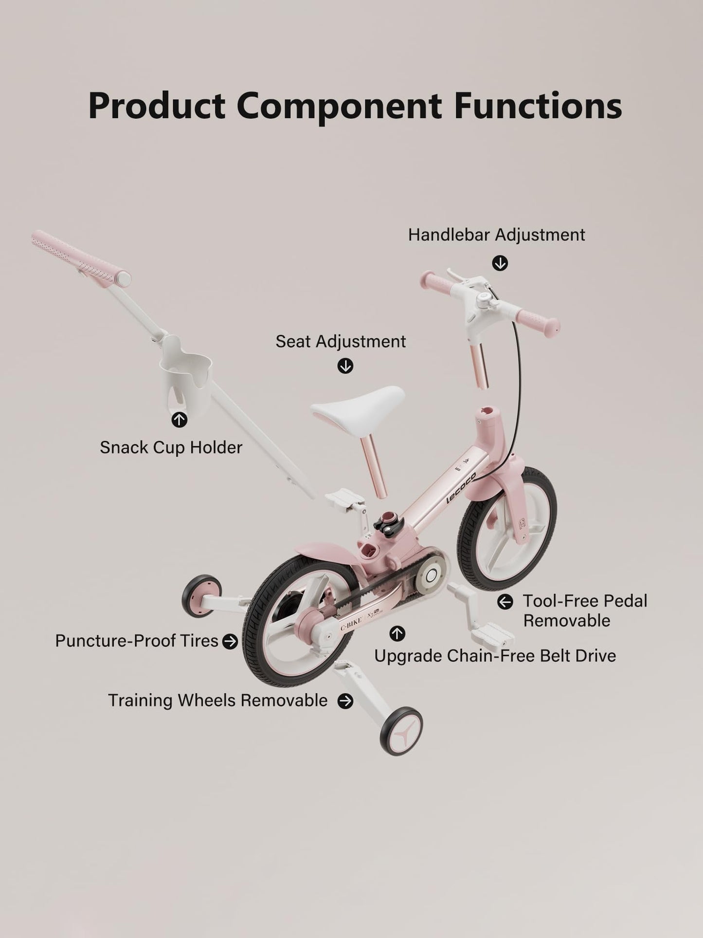lecoco Upgraded Toddler Bike with Push Handle 6 in 1 for Kids, Balance Bicycle Toys with Training Wheels, Brackes, Cup Holder, Pedal, Kickstand Birthday Gift for Boys and Girls