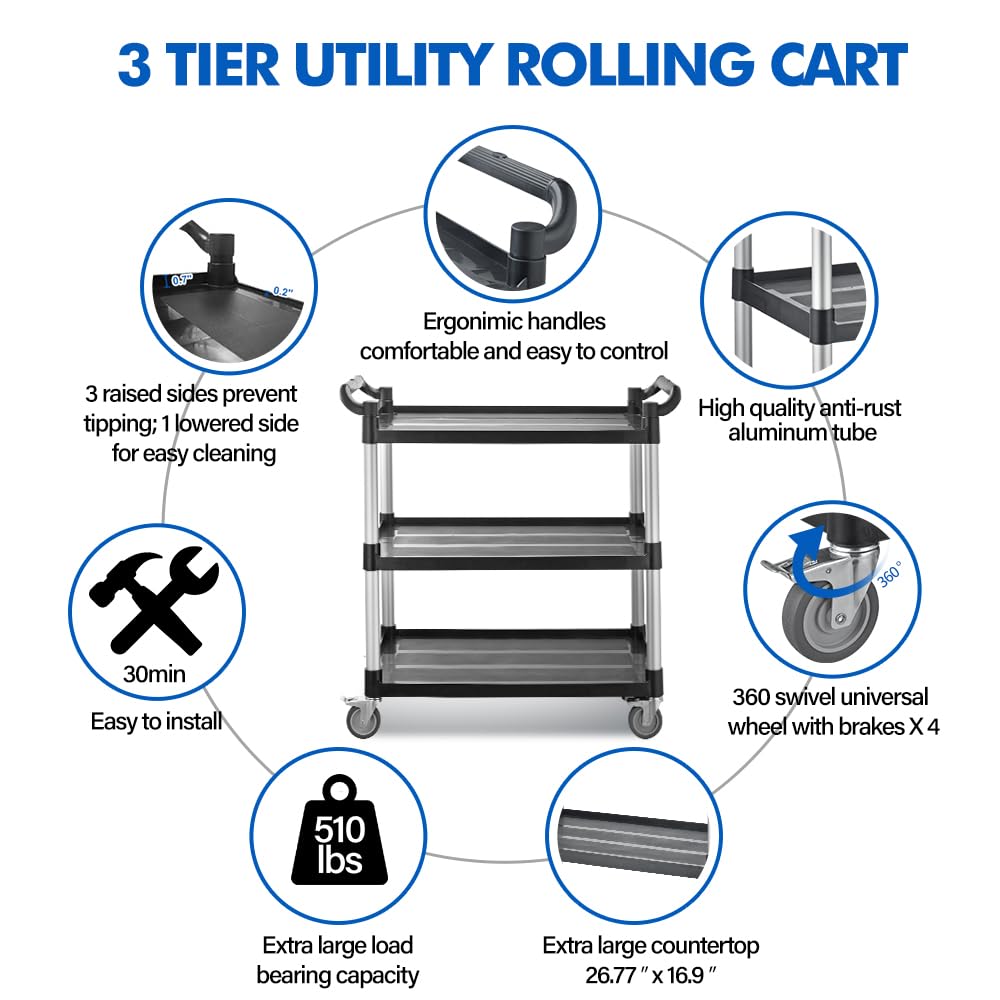 Imaboie Utility Rolling Carts with Wheels, Large Size Plastic Service Carts, Heavy Duty Restaurant Cart with 4 Lockable Brake Wheels for Kitchen/Office/Warehouse (3 Tier - 34×17×37inches / 510lbs)