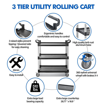 Imaboie Utility Rolling Carts with Wheels, Large Size Plastic Service Carts, Heavy Duty Restaurant Cart with 4 Lockable Brake Wheels for Kitchen/Office/Warehouse (3 Tier - 34×17×37inches / 510lbs)