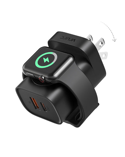 VRURC Charger for iPhone & Apple Watch, 20W USB C Fast Charging Block, 3-in-1 Compact Travel Adapter with 2 Port for iPhone 17/16/15/14/13, Wireless Magnetic for iWatch SE/11/10/9/8/7/6/5/4-Black