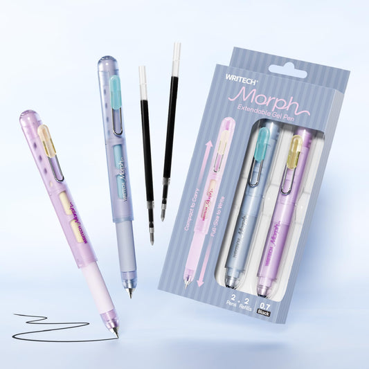 WRITECH Morph Extendable Gel Pens: 0.7mm Medium Point Black Ink Pocket-to-Full-Size Design Translucent Soft Grip Barrel Includes 2 Pens and 2 Refills Dual-Length Pocket Pen 4.6" to 6.1"