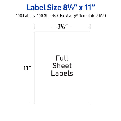 Avery Full-Sheet Printable Shipping Labels, 8.5" x 11" Customizable Stickers, White, 100 Blank Mailing Labels, Great for Mailing, Shipping, Organizing, and More (5165)
