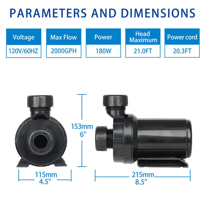 OYO WATER 2000GPH Pond Pumps Submersible Outdoor Inline Pump Pond High Head Water Pump for Garden Waterfall Fountain Water Circulation Pump for Koi Fish Pond
