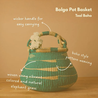 African Bolga Basket for Home Decor, Picnic, Garden Harvest and Storage, Woven Basket with Handle, Teal, 16 Inch Wide