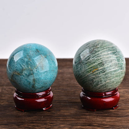 JIC Gem Natural Amazonite Crystal Ball with Wood Stand Gemstone Sphere,Polished Healing Energy Mineral Gemstone Balls for Reiki Chakra Decoration Fengshui (50-60mm)