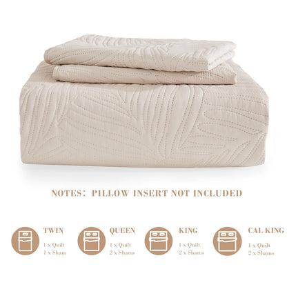 Exclusivo Mezcla Queen Quilt Bedding Set, Lightweight Brich Beige Quilts Queen Full Size for All Seasons, Soft Microfiber Bedspreads Coverlets Bed Cover with Leaf Pattern, 3 Piece