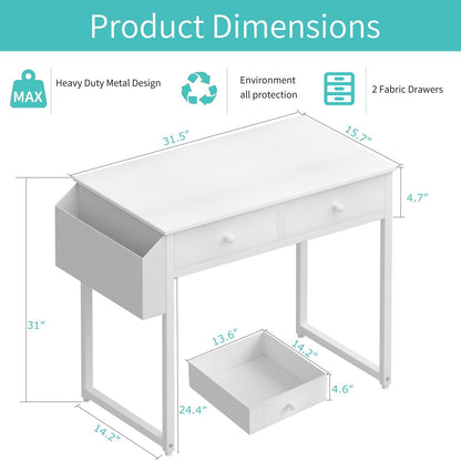 Lufeiya Small White Kids Desk with Drawers for Bedroom, 32 Inch Home Office Desks with Fabric Storage Drawer and Bag, Study Writing Vanity Table for Small Spaces, White
