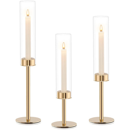 Gold Hurricane Candle Holders Set of 3, Tall Metal & Windproof Glass Taper Candle Holders, Brass Candlesticks Holder Decorations, Table Centerpieces for Weddings, Christmas, Parties, Fireplace Decor
