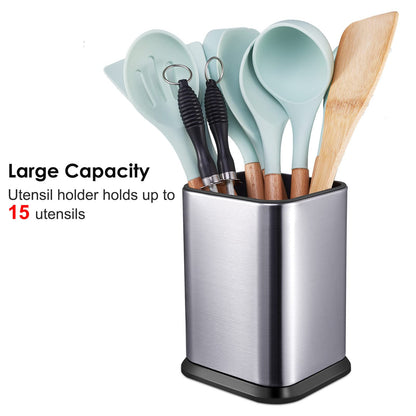 RedCall Stainless Steel Kitchen Utensil Holder for Countertop, Spoon Spatula Organizer,Modern Rectangular Large Cooking Utensil Caddy Counter,Utensil Crock Silver
