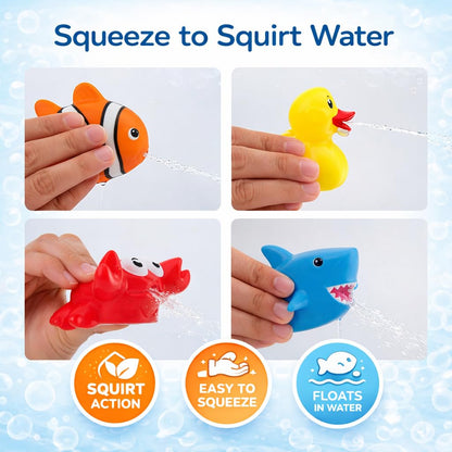 15 PCS Ocean Animals Rubber Bath Toy Water Squirters with Floating Bathtub Squeeze and Play Soft Sea Creatures anf Fishing Net for Baby, Toddlers and Kids